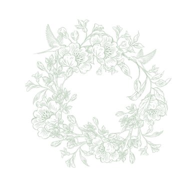 Çiçekler ve kuşların çizimsiz deseni. Görüntü