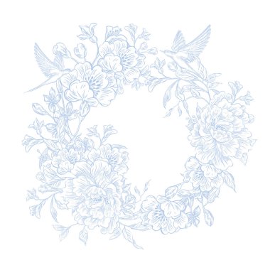 Çiçekler ve kuşların çizimsiz deseni. Görüntü