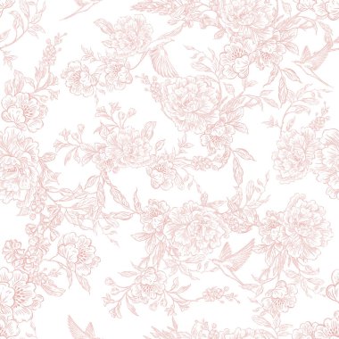 Çiçekler ve kuşların çizimsiz deseni. Görüntü