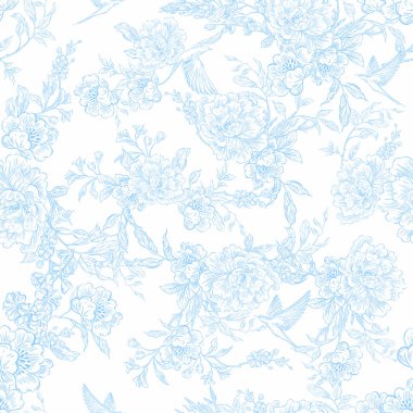 Çiçekler ve kuşların çizimsiz deseni. Görüntü