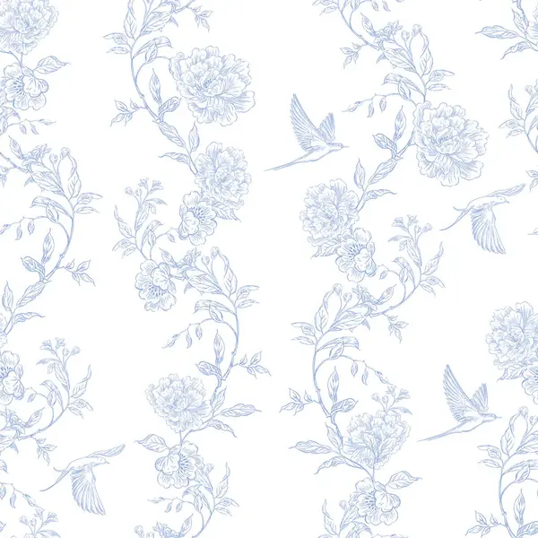 Çiçekler ve kuşların çizimsiz deseni. Görüntü