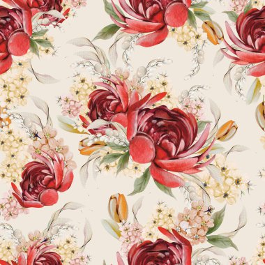 Yumuşak renklerde çiçekli paskalya deseni. Suluboya vintage tarzı. Görüntü 