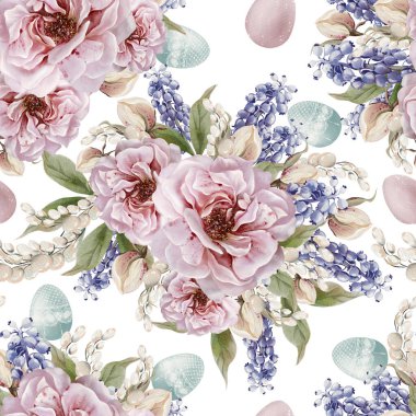 Yumuşak renklerde çiçekli paskalya deseni. Suluboya vintage tarzı. Görüntü 