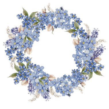 Yumuşak renklerde çiçekler ve tavşanlı Paskalya çelengi. Suluboya vintage tarzı. Görüntü