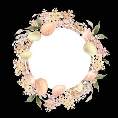 Yumuşak renklerde çiçekler ve tavşanlı Paskalya çelengi. Suluboya vintage tarzı. Görüntü