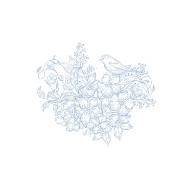 Çiçekli ve kuşlu düğün kartı. Görüntü