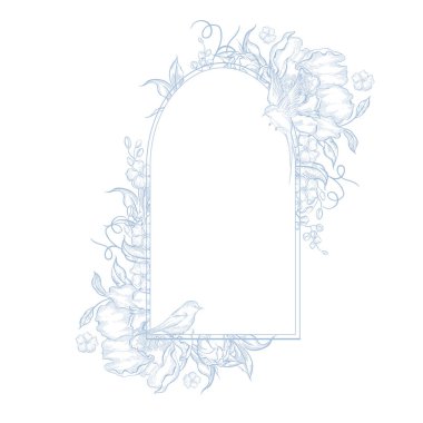 Çiçekli ve kuşlu grafiksel düğün kartı. Görüntü