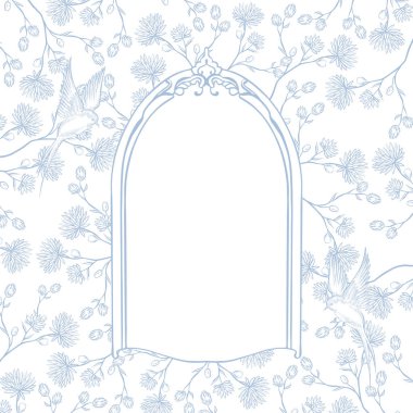 Çiçekli ve kuşlu grafiksel düğün kartı. Görüntü