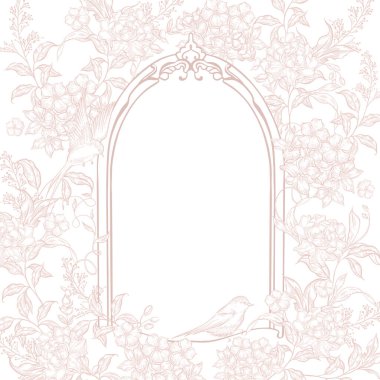 Çiçekli ve kuşlu grafiksel düğün kartı. Görüntü