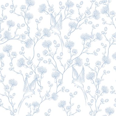 Çiçekler ve kuşların çizimsiz deseni. Görüntü