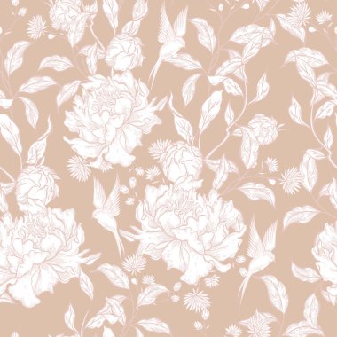 Çiçekler ve kuşların çizimsiz deseni. Görüntü