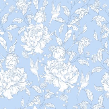 Çiçekler ve kuşların çizimsiz deseni. Görüntü