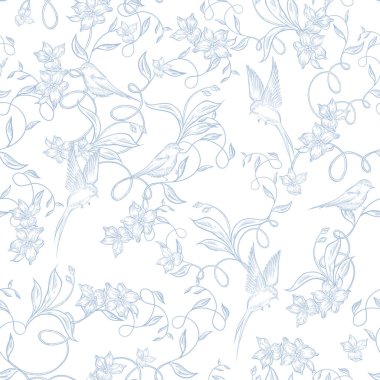 Çiçekler ve kuşların çizimsiz deseni. Görüntü