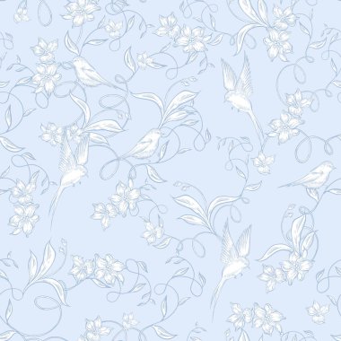 Çiçekler ve kuşların çizimsiz deseni. Görüntü