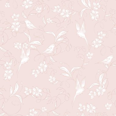 Çiçekler ve kuşların çizimsiz deseni. Görüntü