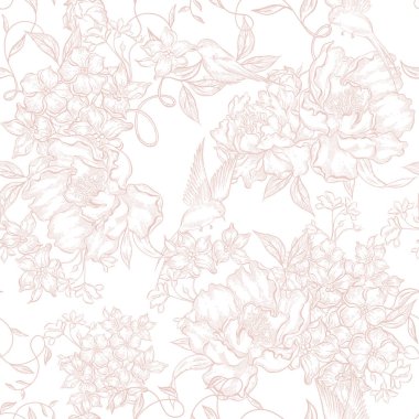 Çiçekler ve kuşların çizimsiz deseni. Görüntü