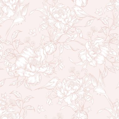 Çiçekler ve kuşların çizimsiz deseni. Görüntü