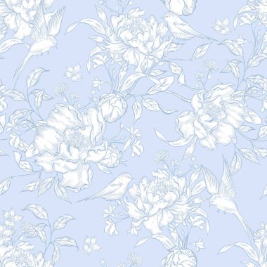 Çiçekler ve kuşların çizimsiz deseni. Görüntü