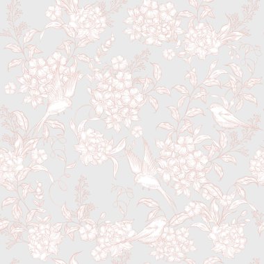 Çiçekler ve kuşların çizimsiz deseni. Görüntü