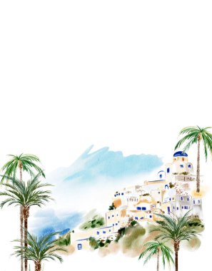 Düğün kartı, Santorini, suluboya resim