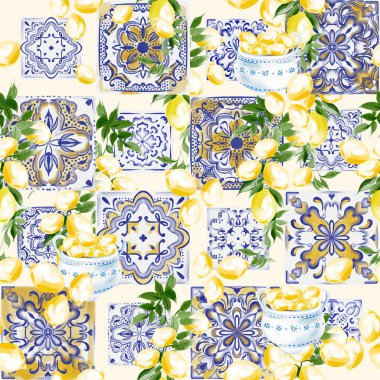 Dikensiz limon desenli klasik seramik motifler, suluboya resimleme