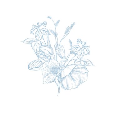 Çiçekli grafiksel mavi düğün buketleri. Görüntü 