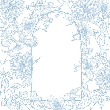 Klasik Toile de Jouy elementleri mavi renkte ayarlandı. resimleme