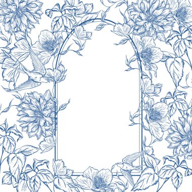 Çiçekli grafiksel mavi düğün kartı. Görüntü 