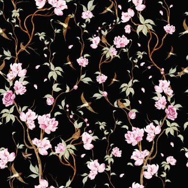 Kuşlar ve çiçeklerle bezenmiş çiçek desenli Chinoiserie. Görüntü