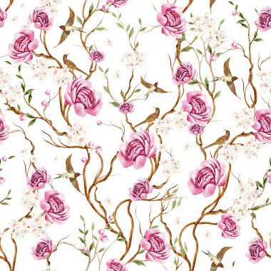 Kuşlar ve çiçeklerle bezenmiş çiçek desenli Chinoiserie. Görüntü