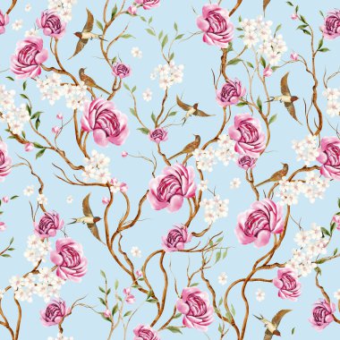 Kuşlar ve çiçeklerle bezenmiş çiçek desenli Chinoiserie. Görüntü