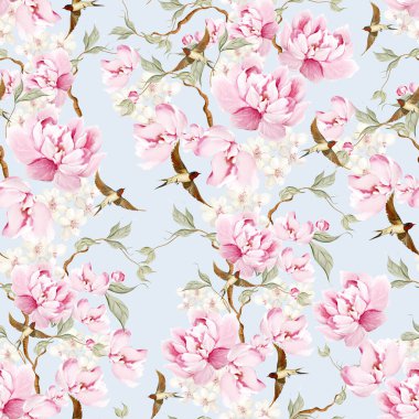 Kuşlar ve çiçeklerle bezenmiş çiçek desenli Chinoiserie. Görüntü