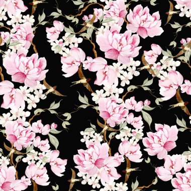 Kuşlar ve çiçeklerle bezenmiş çiçek desenli Chinoiserie. Görüntü