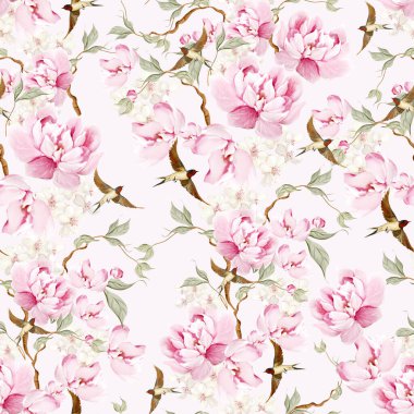 Kuşlar ve çiçeklerle bezenmiş çiçek desenli Chinoiserie. Görüntü