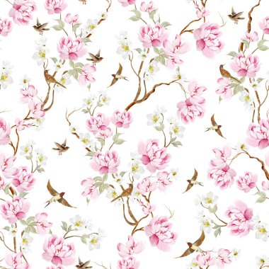 Kuşlar ve çiçeklerle bezenmiş çiçek desenli Chinoiserie. Görüntü