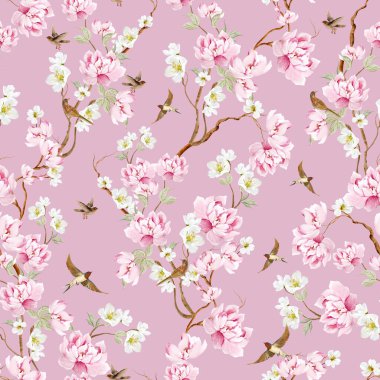 Kuşlar ve çiçeklerle bezenmiş çiçek desenli Chinoiserie. Görüntü