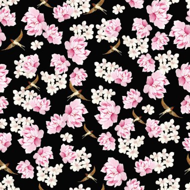 Kuşlar ve çiçeklerle bezenmiş çiçek desenli Chinoiserie. Görüntü