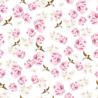 Kuşlar ve çiçeklerle bezenmiş çiçek desenli Chinoiserie. Görüntü