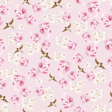 Kuşlar ve çiçeklerle bezenmiş çiçek desenli Chinoiserie. Görüntü