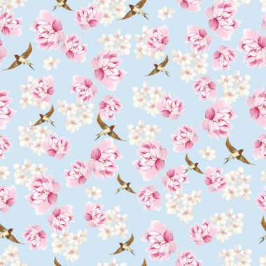 Kuşlar ve çiçeklerle bezenmiş çiçek desenli Chinoiserie. Görüntü