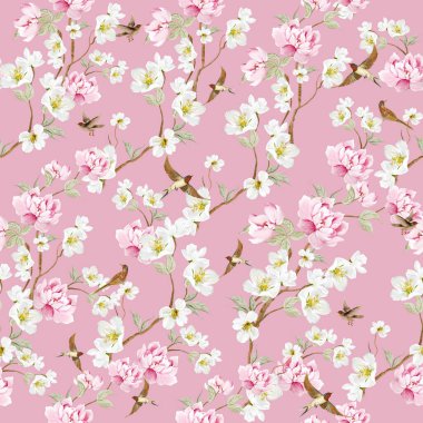 Kuşlar ve çiçeklerle bezenmiş çiçek desenli Chinoiserie. Görüntü