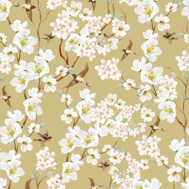 Kuşlar ve çiçeklerle bezenmiş çiçek desenli Chinoiserie. Görüntü