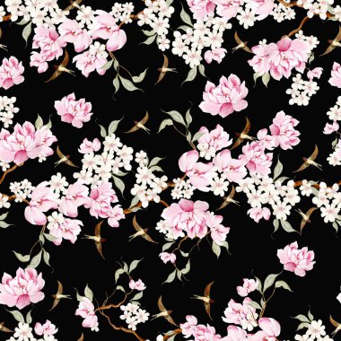 Kuşlar ve çiçeklerle bezenmiş çiçek desenli Chinoiserie. Görüntü