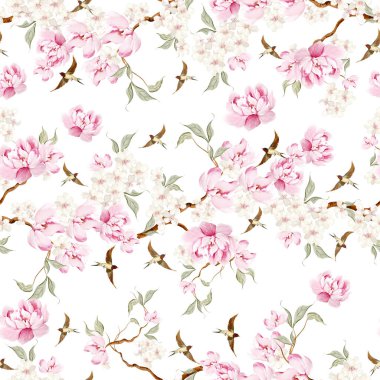 Kuşlar ve çiçeklerle bezenmiş çiçek desenli Chinoiserie. Görüntü