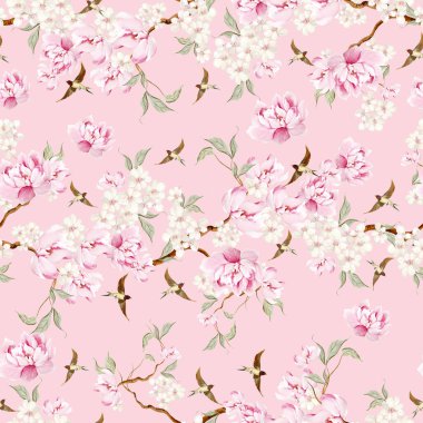 Kuşlar ve çiçeklerle bezenmiş çiçek desenli Chinoiserie. Görüntü