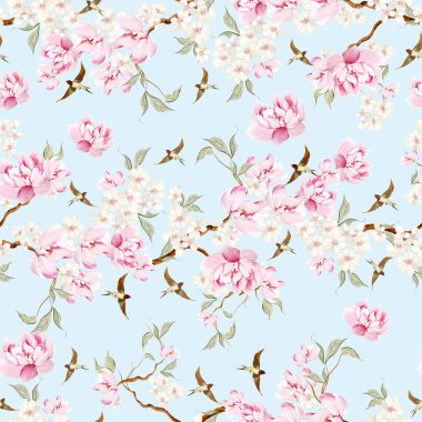 Kuşlar ve çiçeklerle bezenmiş çiçek desenli Chinoiserie. Görüntü