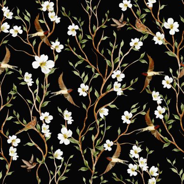 Kuşlar ve çiçeklerle bezenmiş çiçek desenli Chinoiserie. Görüntü