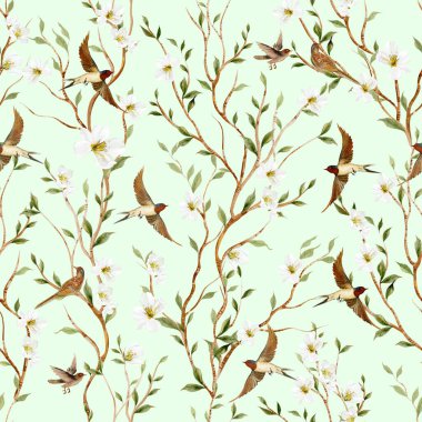 Kuşlar ve çiçeklerle bezenmiş çiçek desenli Chinoiserie. Görüntü