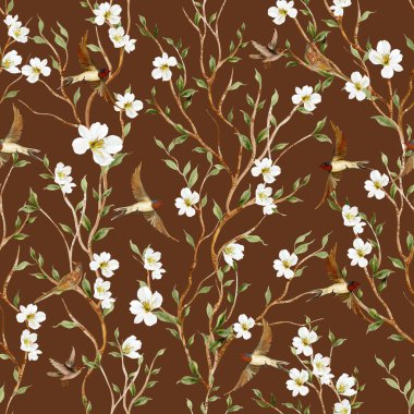 Kuşlar ve çiçeklerle bezenmiş çiçek desenli Chinoiserie. Görüntü