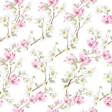 Kuşlar ve çiçeklerle bezenmiş çiçek desenli Chinoiserie. Görüntü